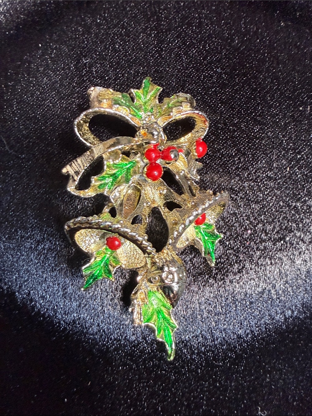 Vintage Gerrys Festive Gold-Tone Holly & Bell Brooch with Red Enamel Berries